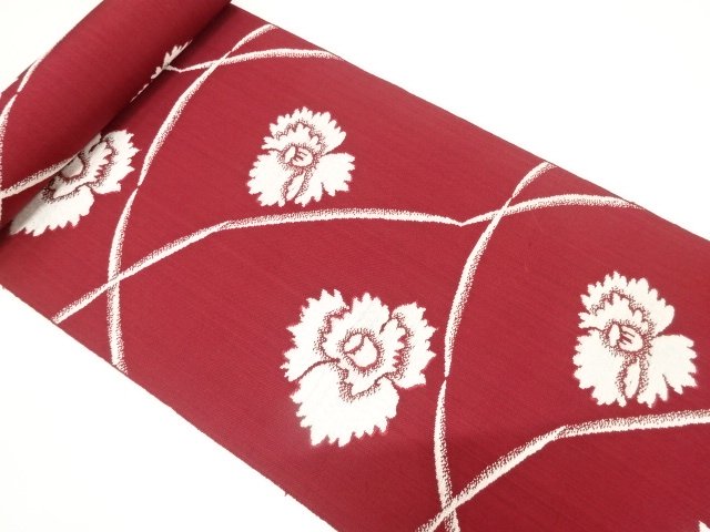 JAPANESE KIMONO / ANTIQUE EIGHT-SIDED OBI BOLT / WOVEN FLORAL PATTERN 